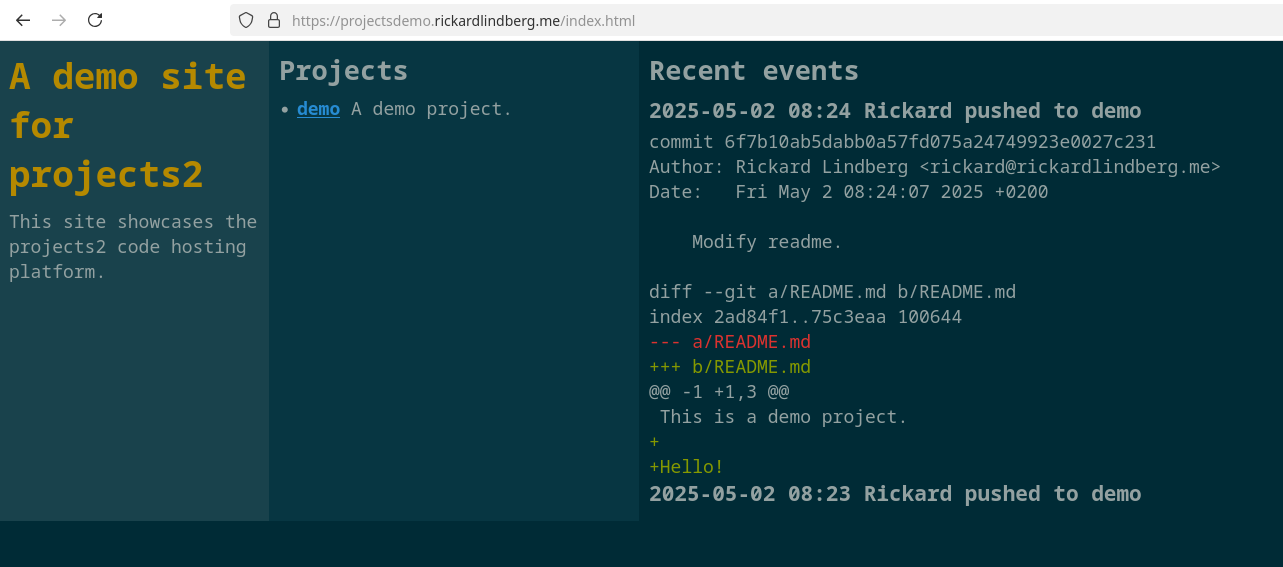 The projectsdemo website which now shows two events for the demo project where the most recent event also includes a diff.