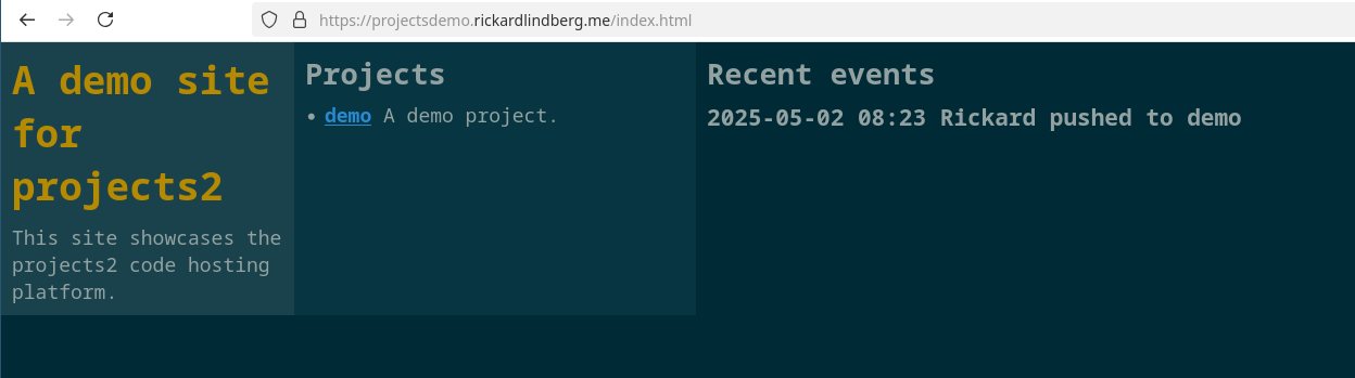 The projectsdemo website which now alos shows the recent events placeholder filled in with one entry.